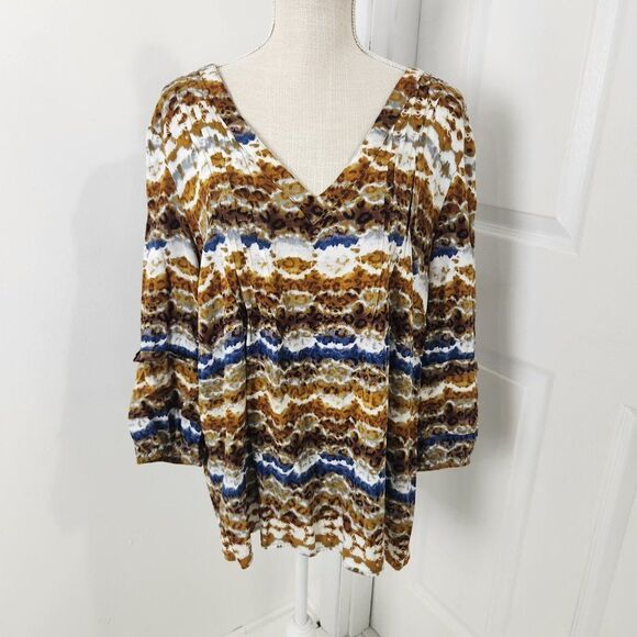 Fig Flower Top Womens 2X Brown Blue Striped Tie Dye Pintuck Rayon Boho Peasant - Picture 14 of 14